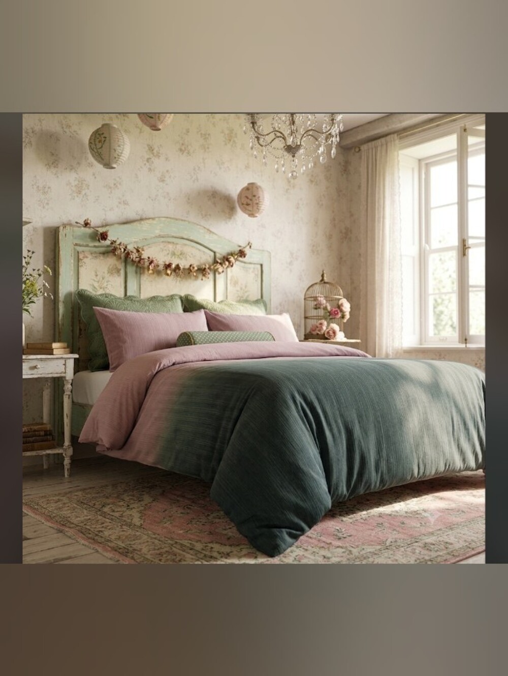 Shabby Chic Comforter Crushed Velvet Ombre Blush Pink Moss Green Set New King